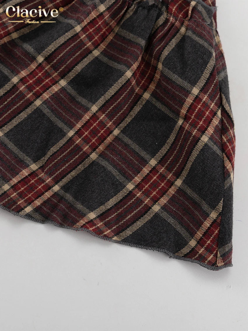 Clacive Fashion Loose Plaid 2 Piece Sets Women Outfit 2025 Elegant Long Sleeve Shirt With High Waist Mini Skirt Set Female