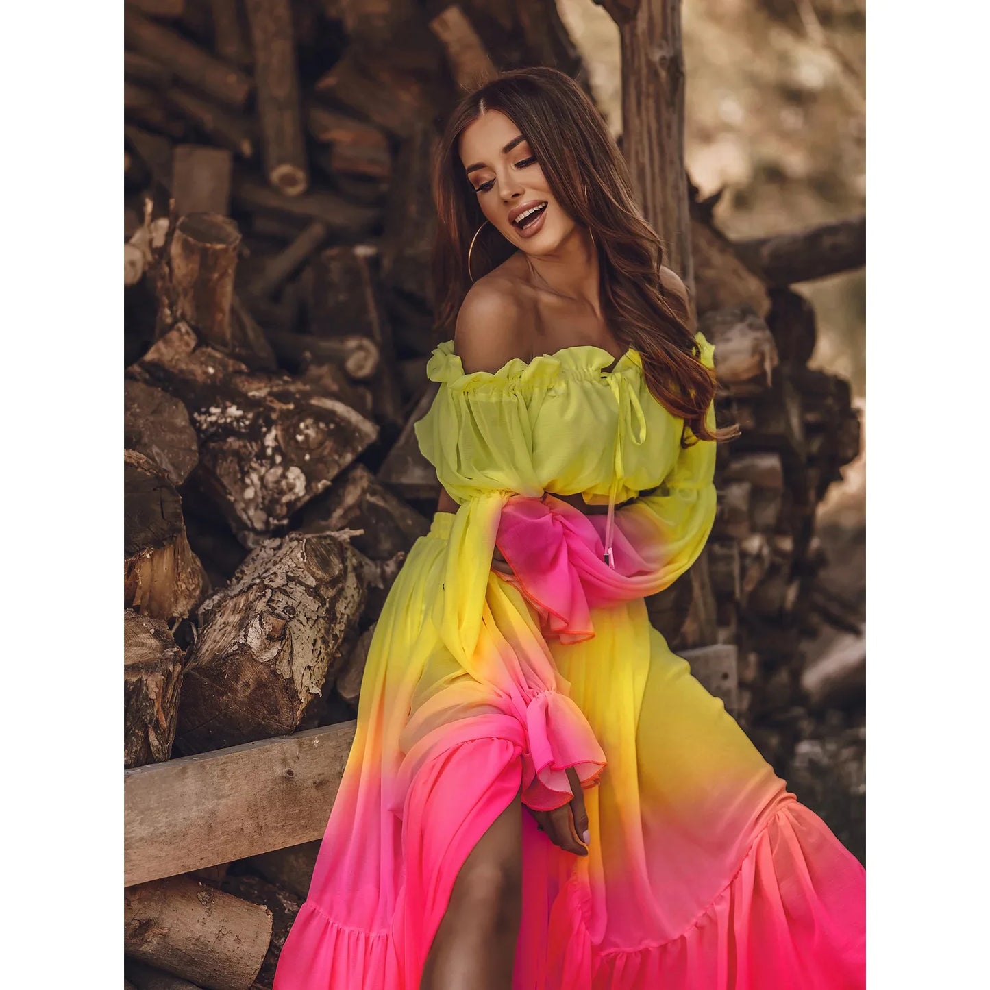 Autumn Chic Sexy Off Shoulder Ruffle Long Skirt Women Suit