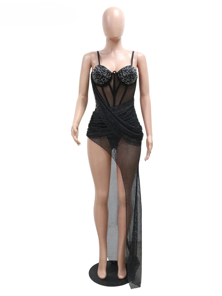 Luxury Irregular Lace Rhinestone Fish Bone Mesh Spaghetti Strips Slim Split Long Party Women Sexy Birthday Wedding Guest Dress