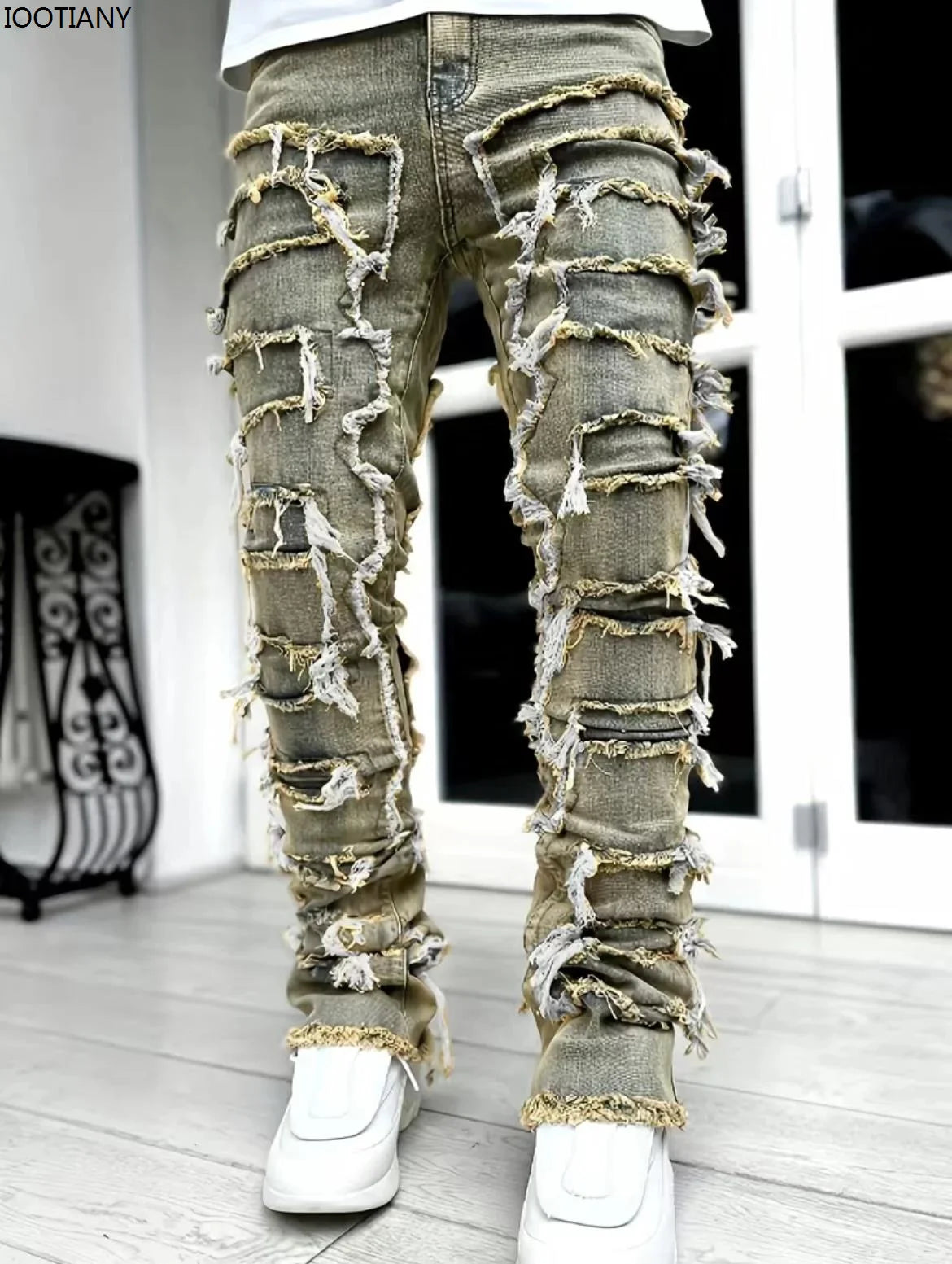 New Fashion Stretch Jeans Man Stacked Jeans Elastic Waist Straight Fit Patchworks Denim Long Pants Fringe Ripped Jeans For Men