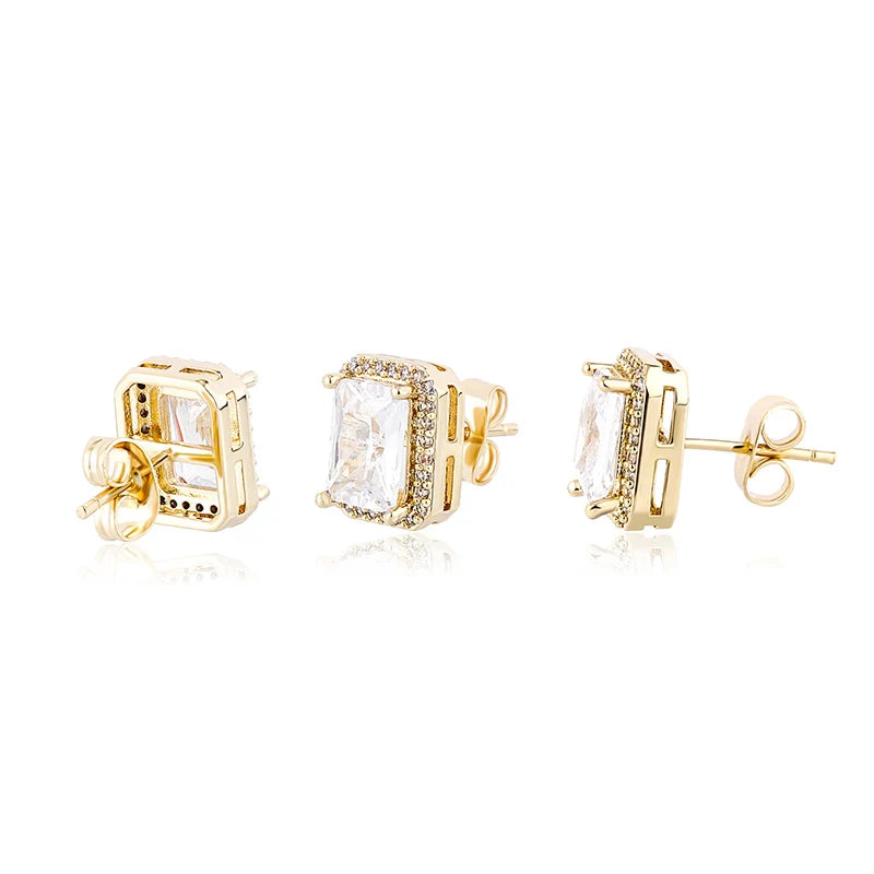 1 Pair Hip Hop 3A+ CZ Stone Pave Bling Ice Out Geometric Square Stud Earrings for Men Rapper Jewelry Gold Silver Color