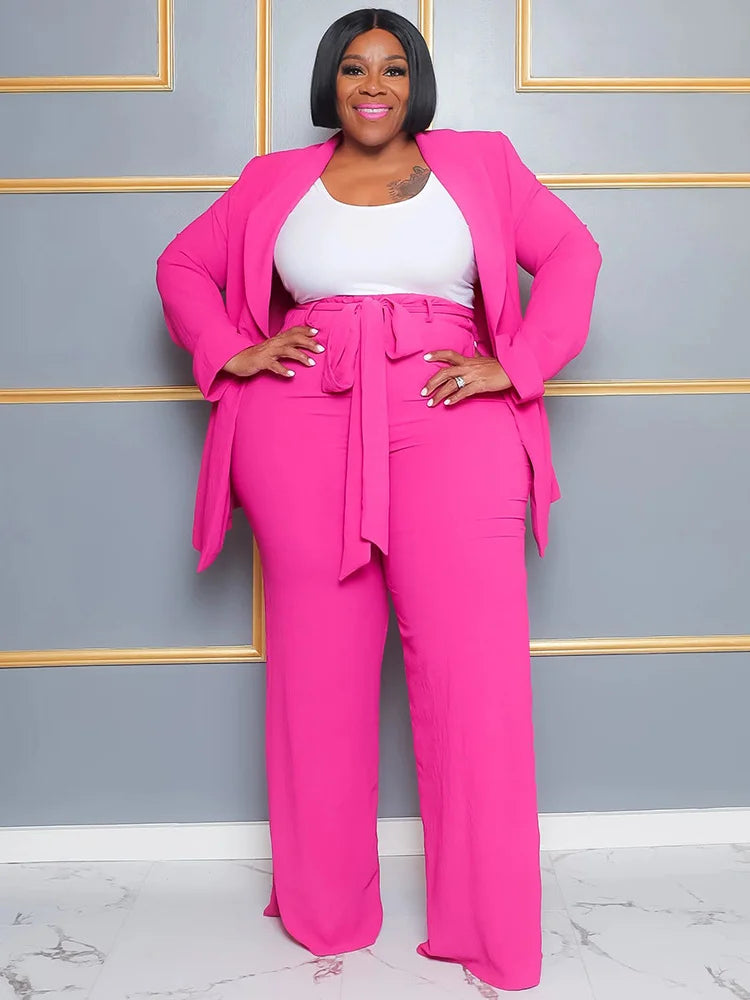 Wmstar Plus Size Women Clothing Two Piece Set Solid Career Suit Top Pants Sets Office Lady with Bandage Wholesale Dropshipping