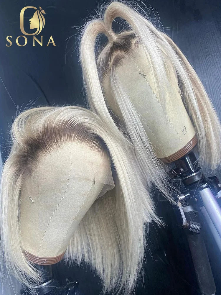 13x6 Colored Dark Root White Platinum Ash Blonde Straight Bob Lace Frontal Wig Human Hair Pre Plucked Brazilian Remy Front Wig