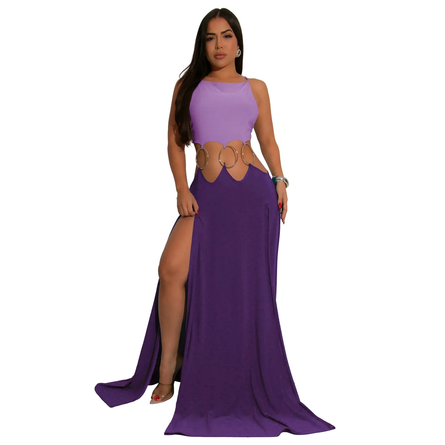 CM.YAYA Women Strap Backless Big Swing Split Maxi Long Dress 2025 Hollow Out Birthday Sexy Club Party Evening Dresses Vestidos