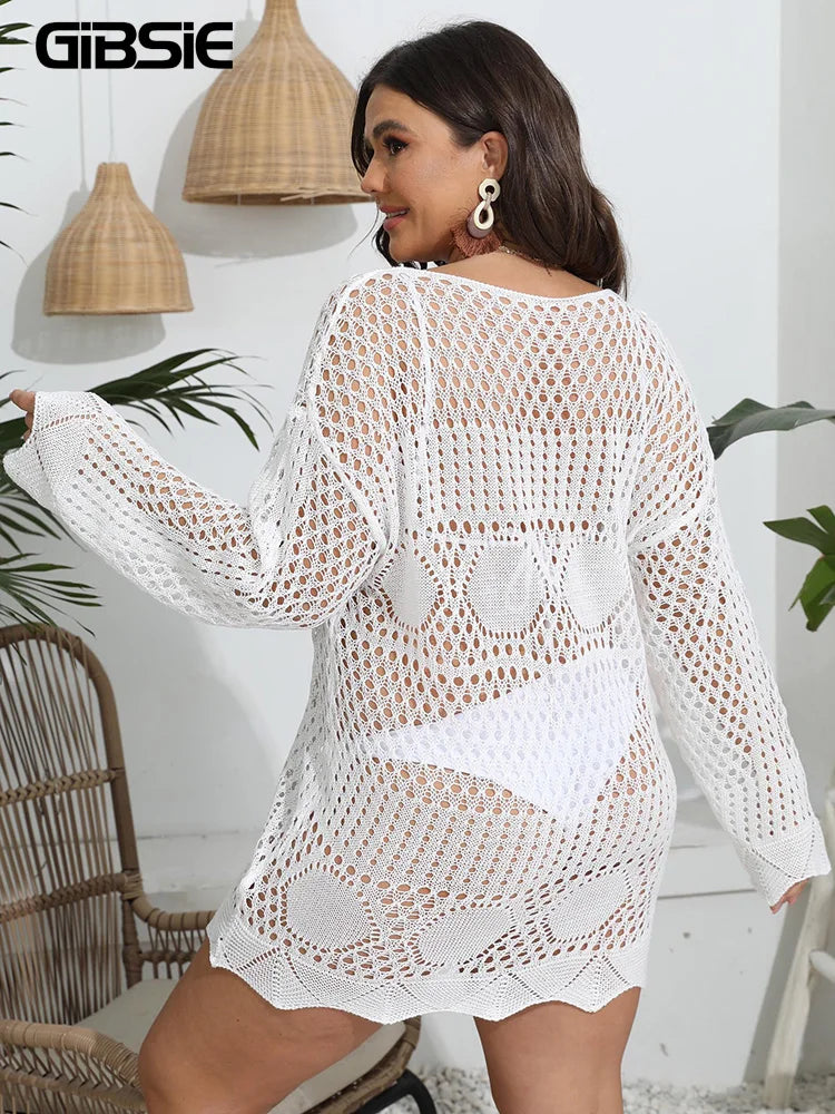GIBSIE Plus Size 2023 Bikini Cover Up For Women Summer Sexy See Through Hollow Out Long Sleeve Holiday Knitted Beach Tunic Dress