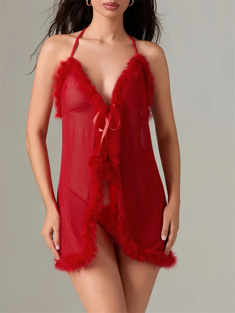 CHRONSTYLE Women Christmas Fur Trim Lingerie Exotic Sets Drawstring Bow Plush Ball Halter Dress with Underwears 2pcs Sets 2025