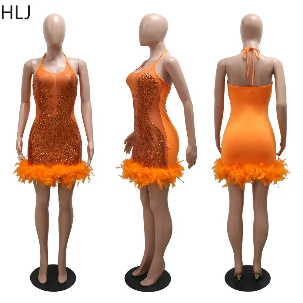 HLJ Fashion Perspective Sequin Halter Lace Up Bodycon Mini Dress Women Backless Sleeveless Feather Splicing Party Club Vestidos
