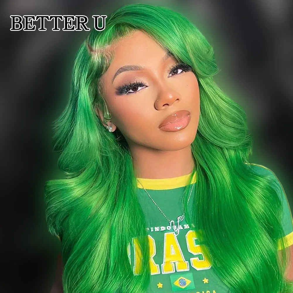 Green Color 13x4 HD Transparent Lace Front Human Hair Wigs Body Wave 613 Colored Green Wig Lace Frontal Wig for Black Woman