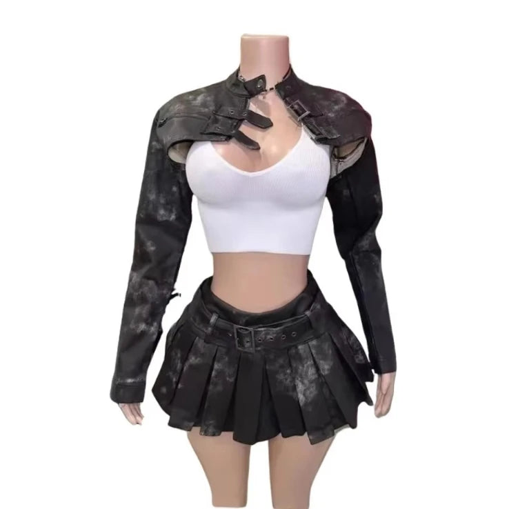 FAGADOER Punk Gothic Leather Two Piece Set for Women Long Sleeves Crop Jacket + Pleated Skirt Suits Fashion Streetwear 2025 New