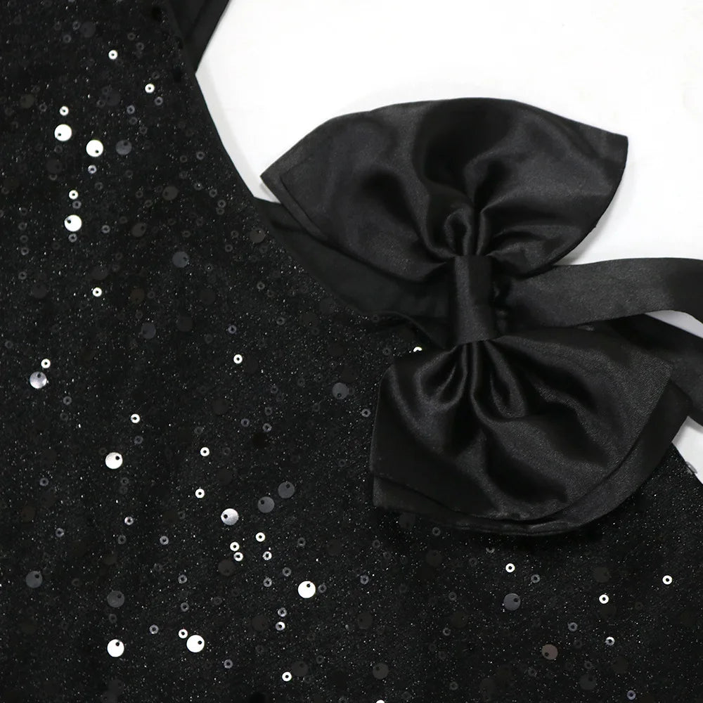 FAGADOER Bow Patchwork Bodycon Birthday Party Mini Sequined Dress Black Sexy Side Hollow Halter Tassel Night Clubwear 2024 New