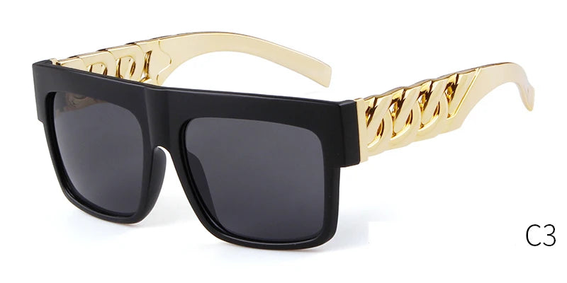 2025 Oversized Hip Hop Sunglasses Men Women Brand Design Flat Top Retro Square Black Sun Glasses Gold Plastic Chain Frame OM725
