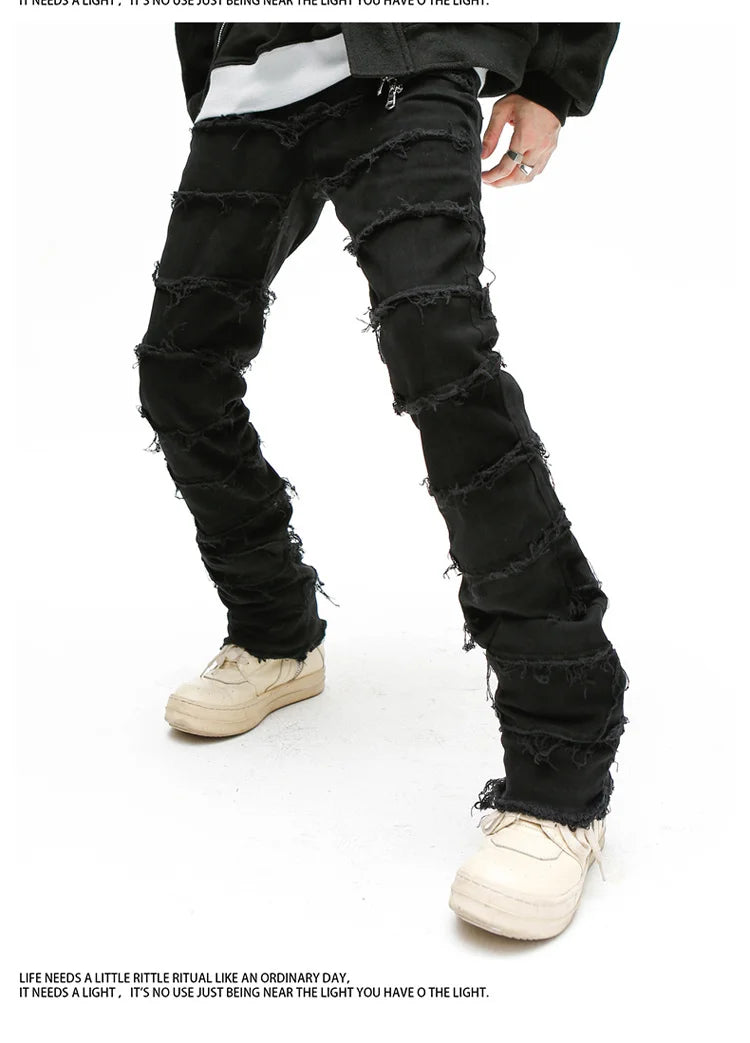 Heavy Industry Hole Frayed Destruction Waxed Jeans Mens High Street Retro Straight Ripped Pencil Pants Oversize Denim Trousers
