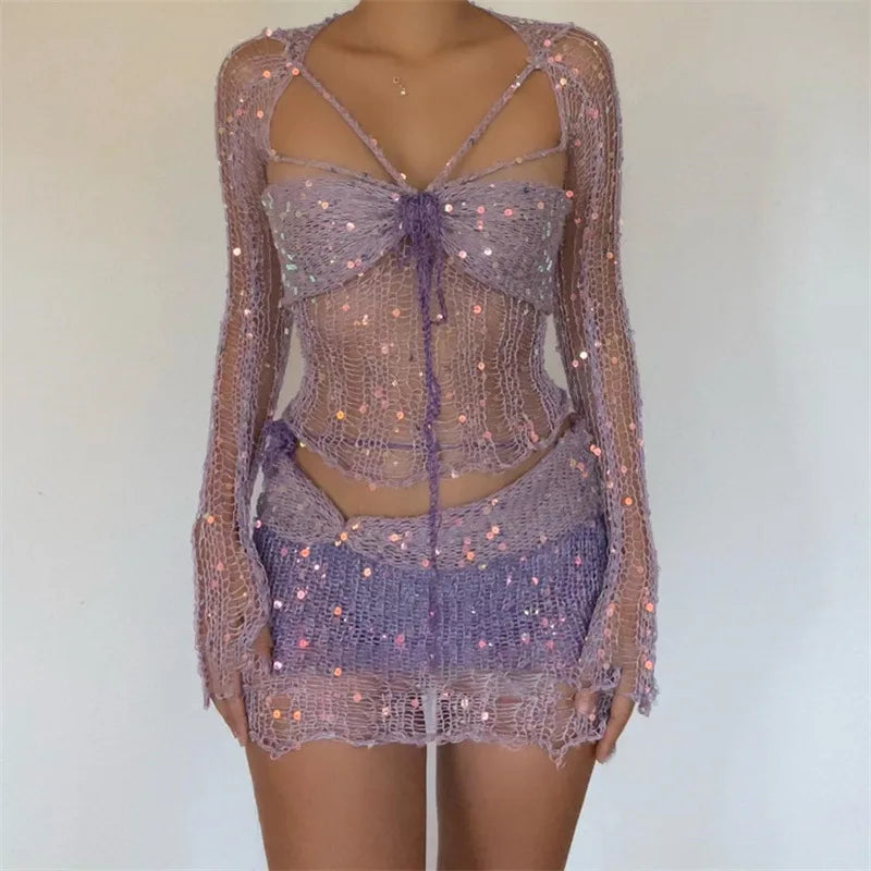 Sexy Sequined Knitted Sweater Party Dresses 3 Piece Skirt Sets Womens Outfits Flare Long Sleeve See Through Clue Wear Dress