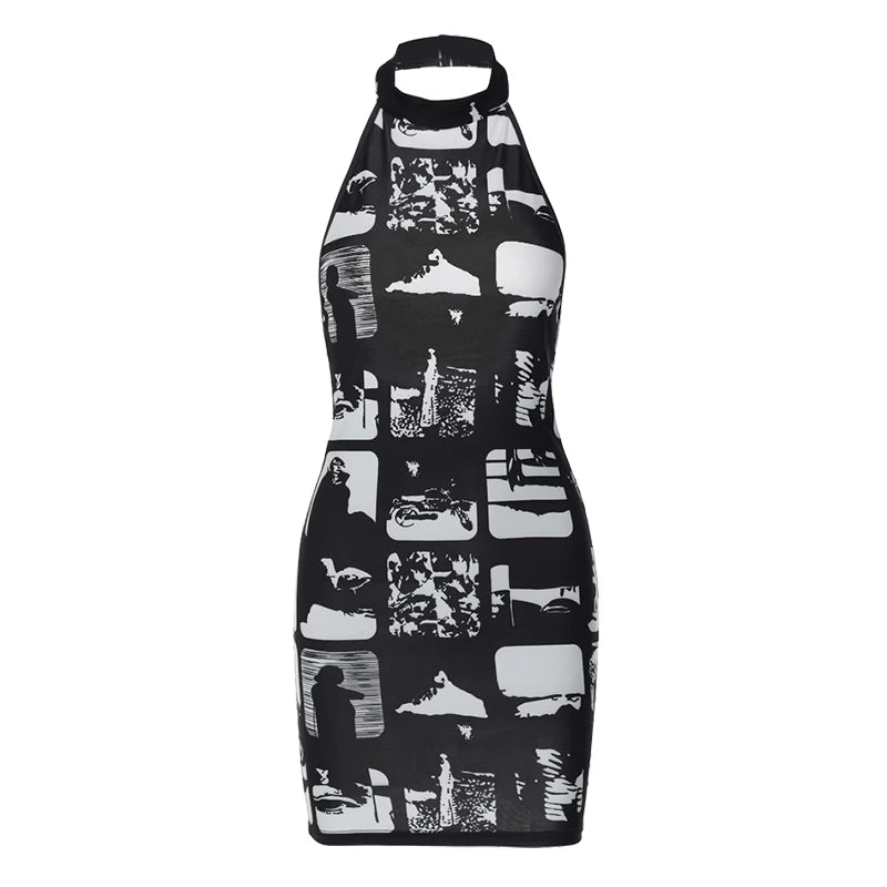 Hugcitar Vintage Print Halter Sleeveless Backless Sexy Slim Bodycon Mini Dress 2023 Summer Y2K Outfit Streetwear Nightclub Biker