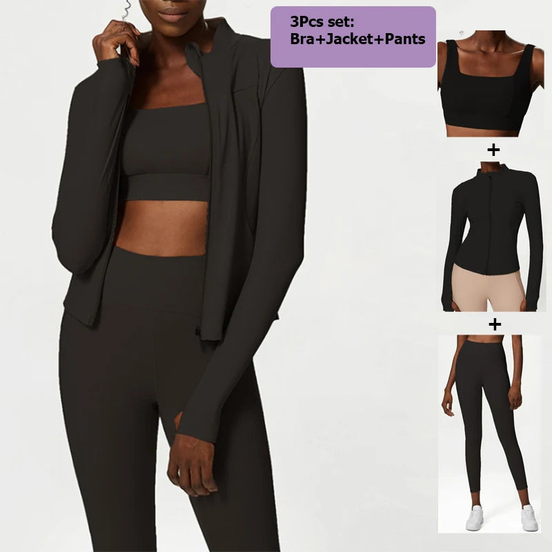 2/3 Pieces Fitness Yoga Set Women Solid Color Stretch Athletic Suit Sexy Bra Zipper Jacket High Waist Leggings Female Sportswear