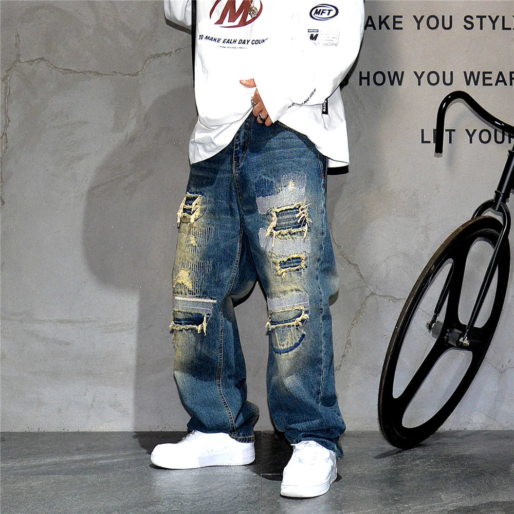 American Streetwear Ripped Patch Jeans Hip Hop Baggy Jeans Mens Clothing Vintage Denim Cargo Pants Japanese Harajuku Trousers