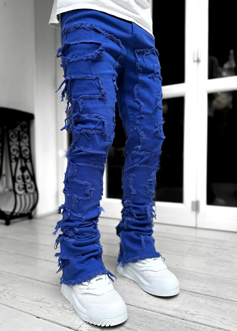 2024 Spring Summer New Men's Clothing Fashion Solid Color Elastic Patch Denim Straight-Leg Pants Jeans
