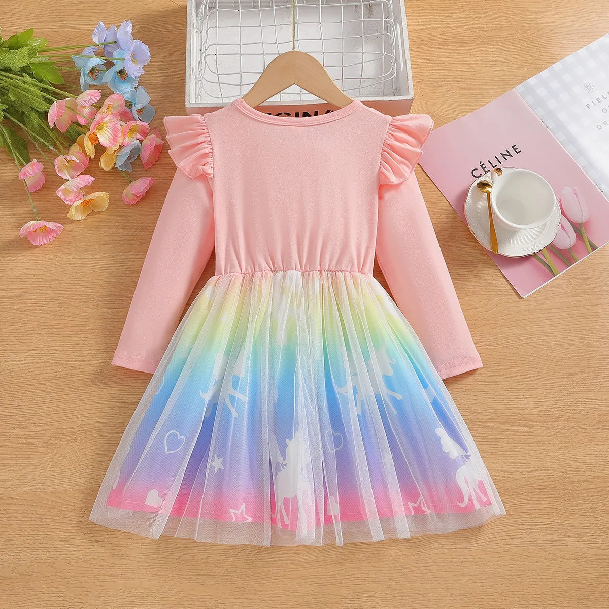 2025 New Princess Dress Unicorn Girls Dress Spring Kids Clothes Birthday Party Dress Long-sleeved for Children Rainbow 2-8Y