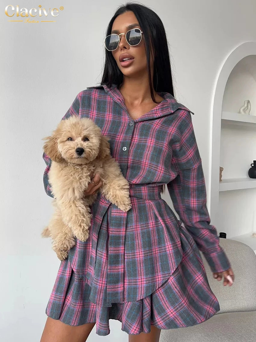 Clacive Fashion Loose Plaid 2 Piece Sets Women Outfit 2025 Elegant Long Sleeve Shirt With High Waist Mini Skirt Set Female