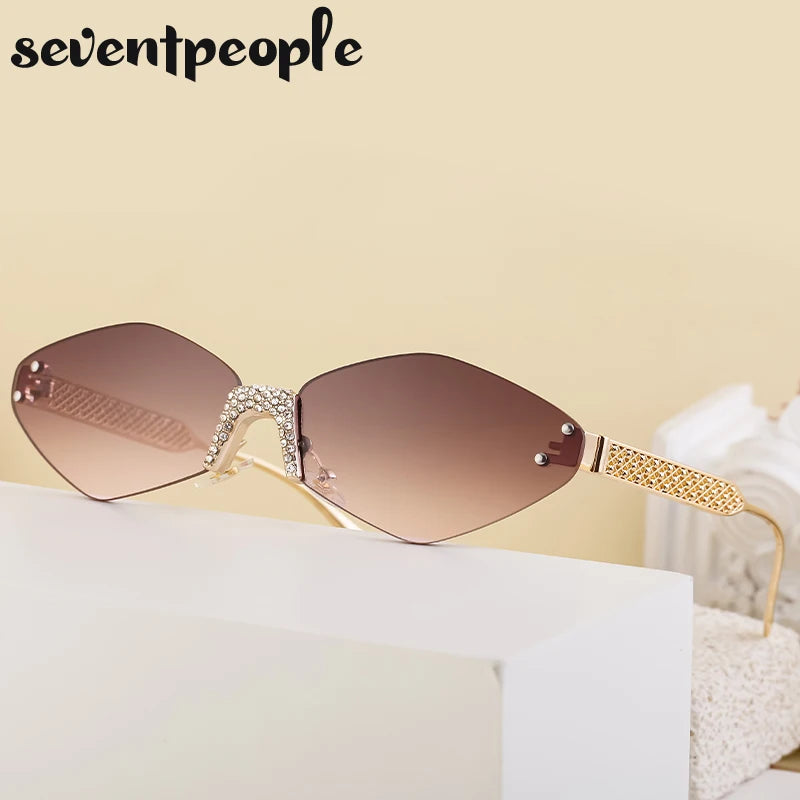 Small Metal Frame Hexagon Rimless Sunglasses Women 2025 Luxury Brand Design Polygon Sun Glasses For Ladies Retro Eyewear Shades