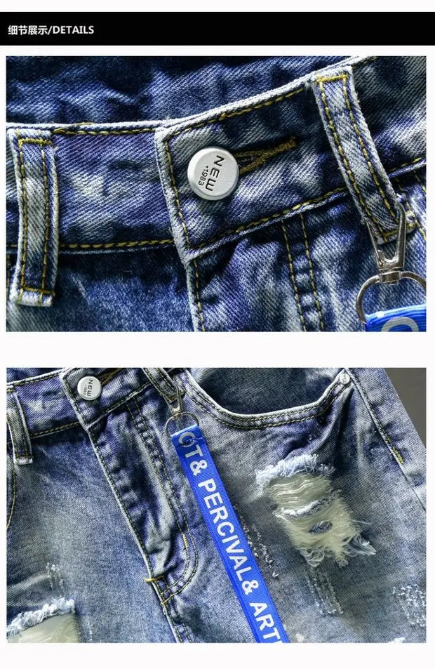 Summer 2025 Light Blue Ripped Cat Whisker Patch Letter Print Slim Denim Shorts Teenagers Jeans Boys and Girls Cowboy Short Pants