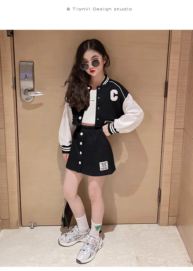 Spring Autumn Teen Girls Clothing Sets Fashion Baseball Coats + Slim Skirt 2Pcs Outfits Kids Tracksuit 5 6 7 8 9 10 11 12 13 Yrs