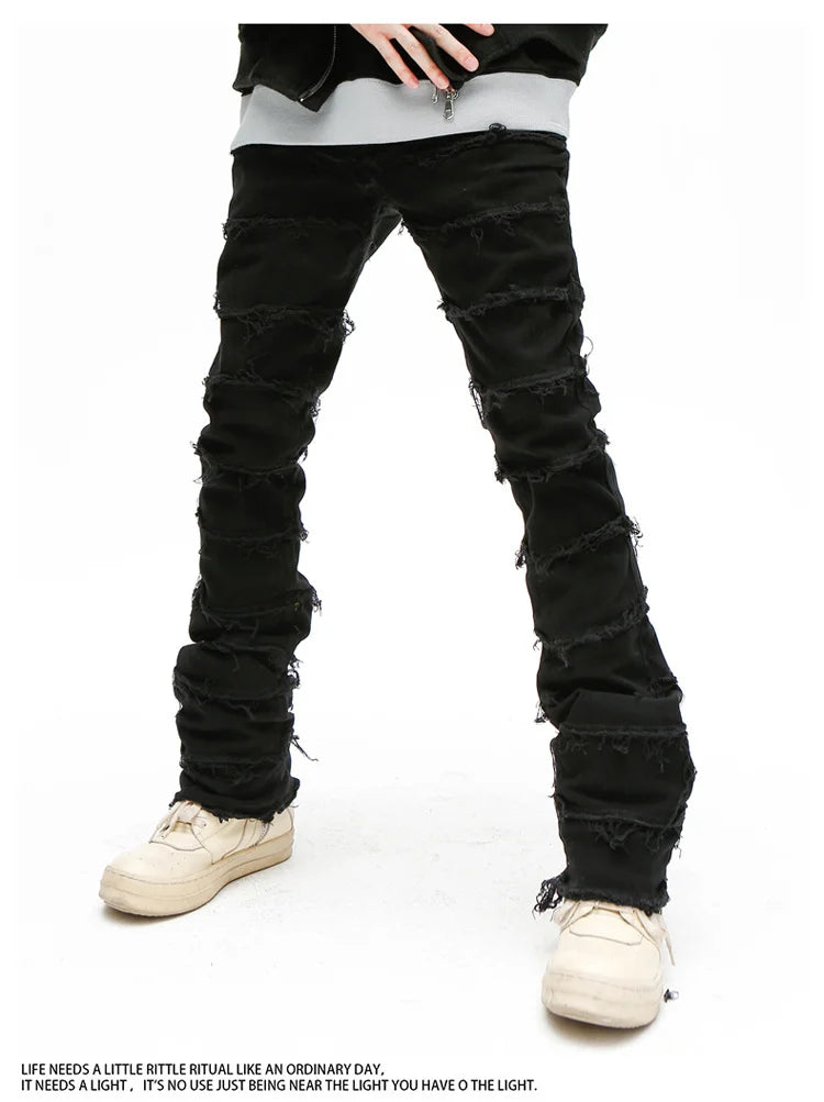 Heavy Industry Hole Frayed Destruction Waxed Jeans Mens High Street Retro Straight Ripped Pencil Pants Oversize Denim Trousers