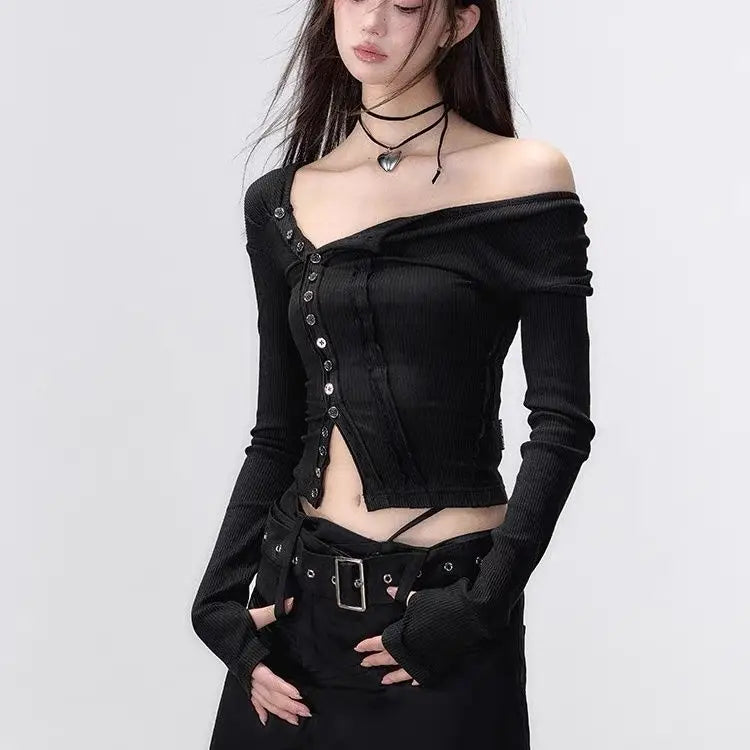Black Tshirts Women Clothes Long Sleeve Slash Neck Tunic Tees 2025 Ropa Mujer Single Breasted Sexy Korean Y2k T Shirt Ropa Mujer