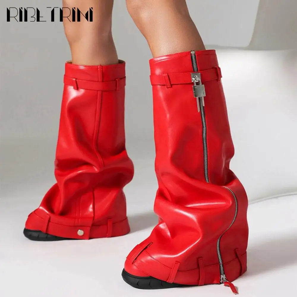 Platform Women Fold Over Mid Calf Padlock Metal Platform Shoes