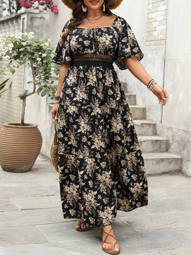 GIBSIE Plus Size Square Neck Floral Print Maxi Dress Women Summer 2025 Knot Front Hollow Out Boho Vacation Big Swing Dresses
