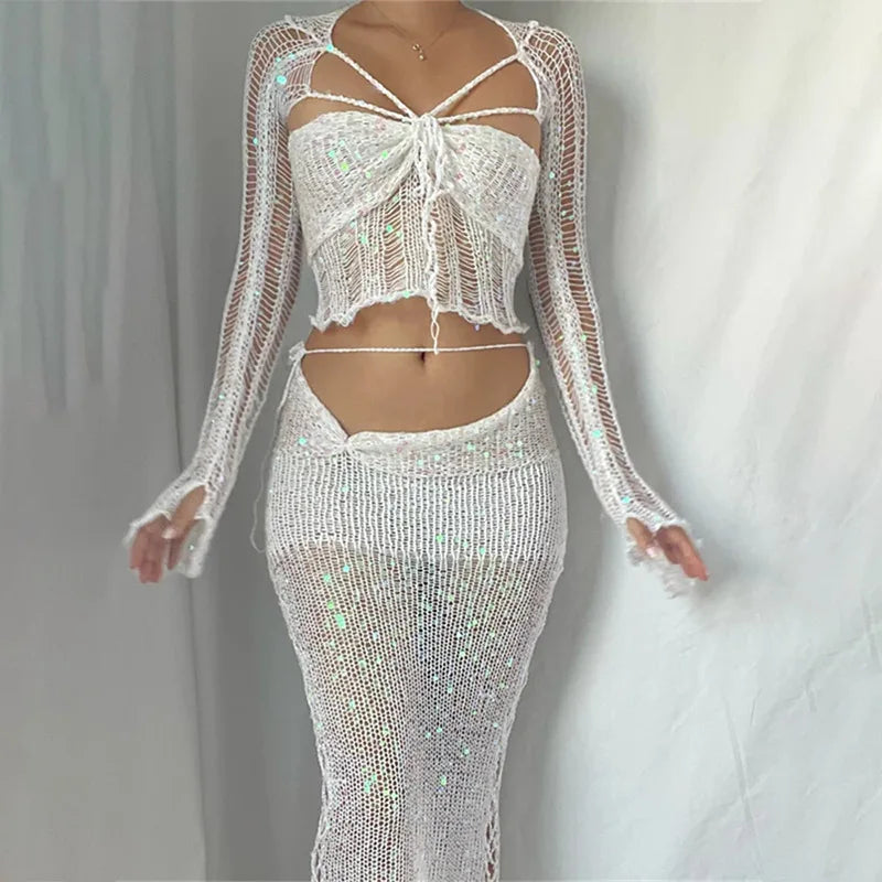 Sexy Sequined Knitted Sweater Party Dresses 3 Piece Skirt Sets Womens Outfits Flare Long Sleeve See Through Clue Wear Dress