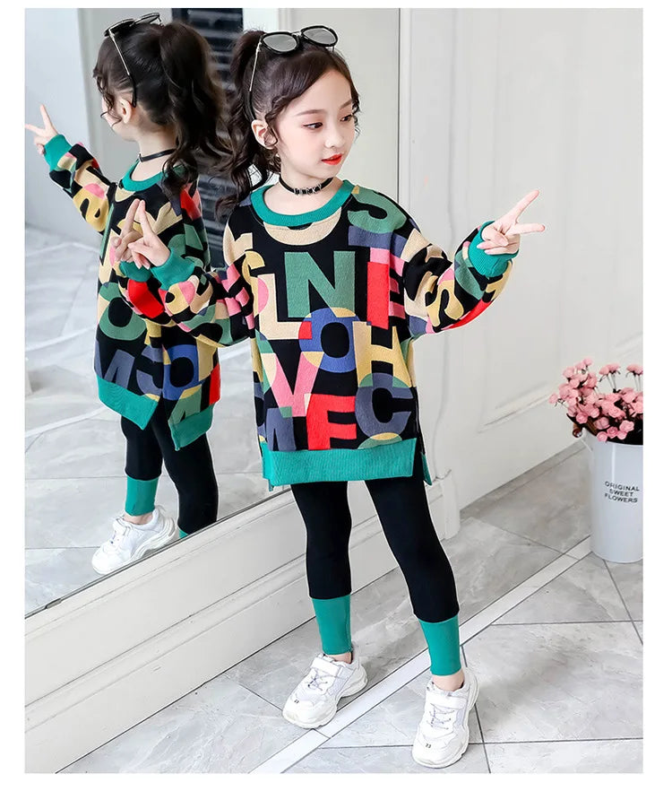 2025 girls clothes autumn winter letter sweatshirt t-shirt hooded + stretch pants leggings cotton teens child 8 9 10 11 12 year