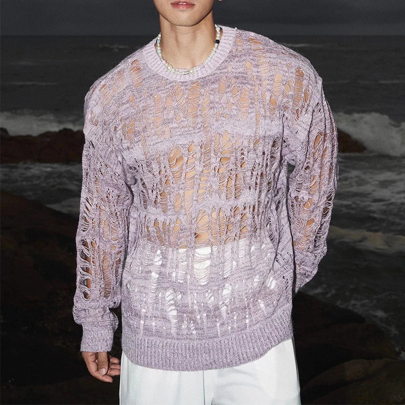 Sexy Hollow Out Mesh Knit T Shirts Men See Through Ripped Crew Neck Pullover Tops For Mens 2025 Spring Fashion Knitting T-shirt