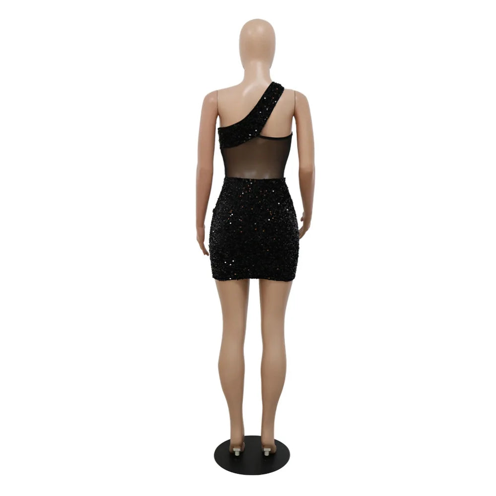 2023 Summer Women Sleeveless One Shoulder Bodycon Sexy Glitter Sequined Mesh Patchwork Mini Dress For Women Birthday Party
