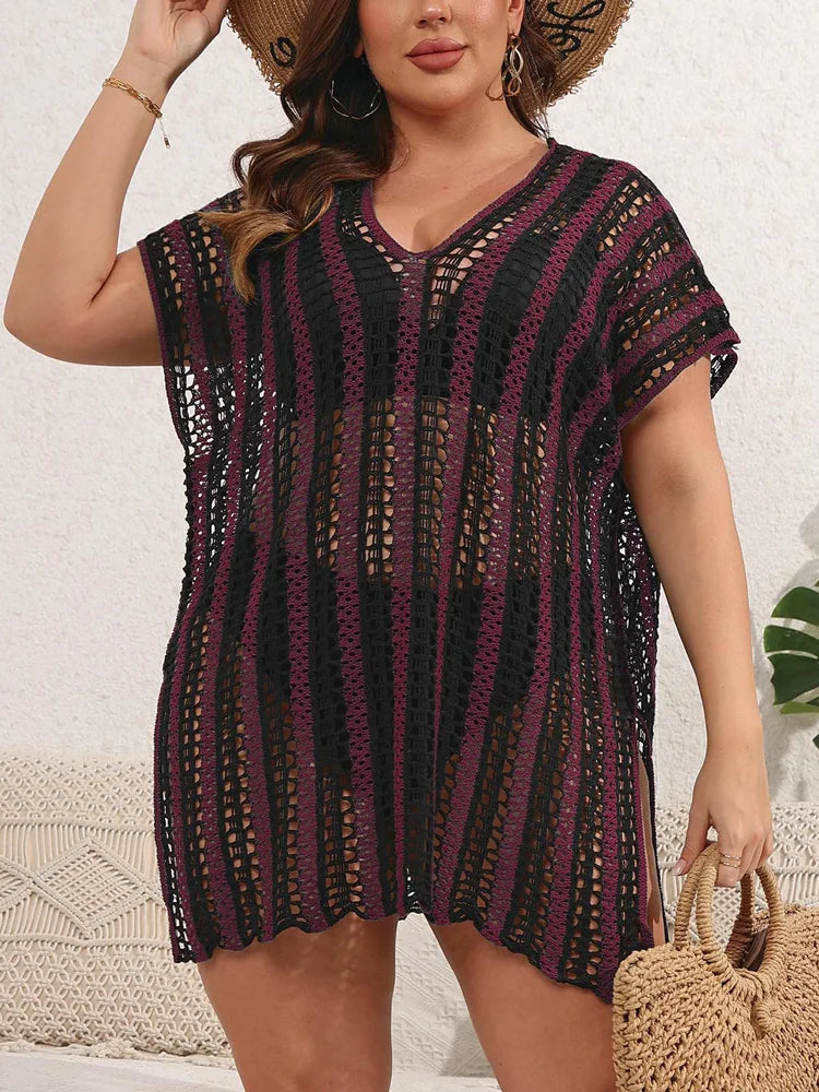 GIBSIE Plus Size Sexy Hollow Out Bikini Cover-ups Women Summer Vacation Split Beach Dress Female Swimsuit Cover Up Beachwear