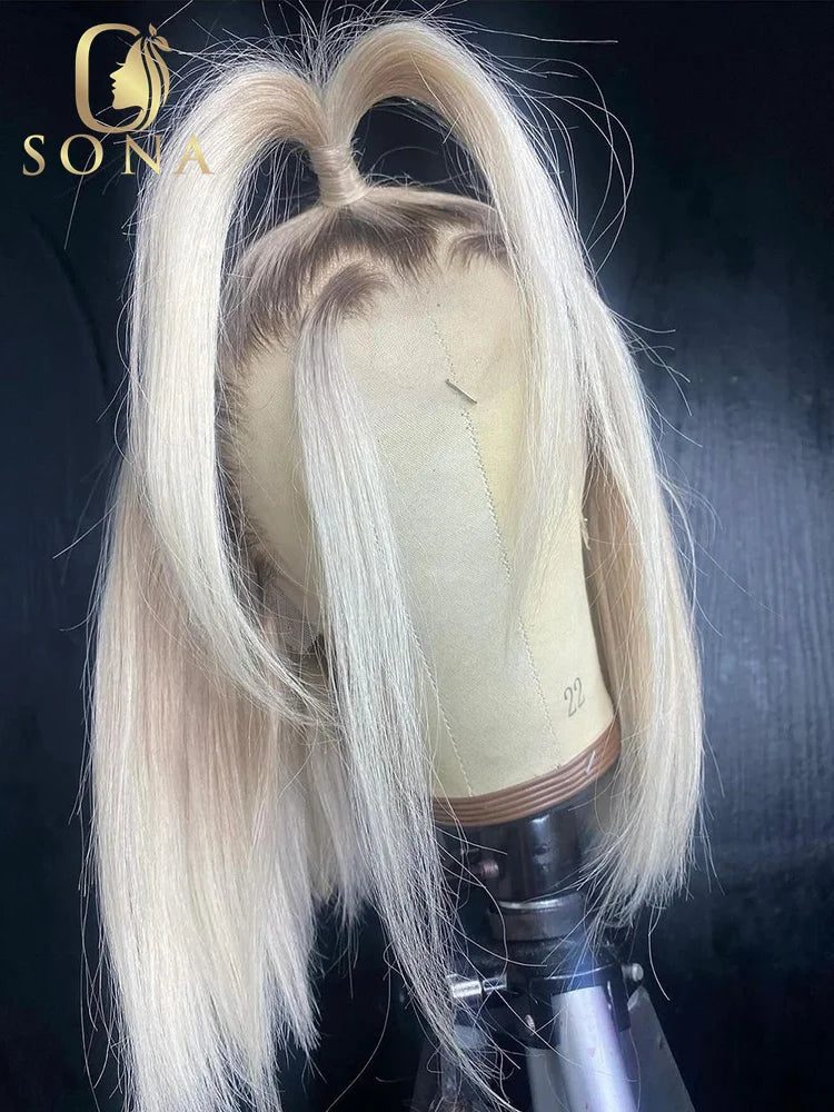 13x6 Colored Dark Root White Platinum Ash Blonde Straight Bob Lace Frontal Wig Human Hair Pre Plucked Brazilian Remy Front Wig