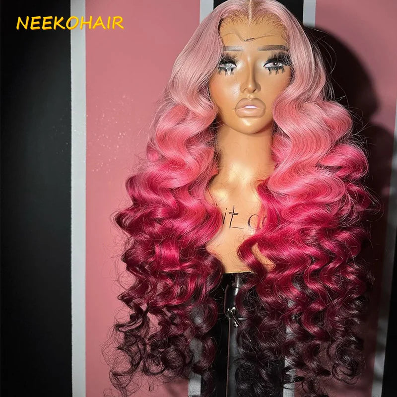 13x6 HD Ombre Pink Lace Front Wig Curly Hot Pink 13x4 Transparent Lace Frontal Or 4x4 Closure Human Hair Wigs For Women