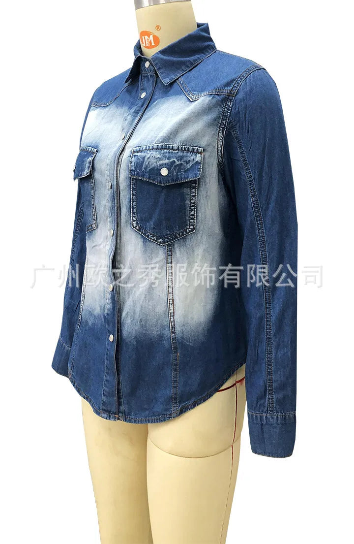 Shirt for Women Autumn Blouses Denim Single Breasted Spring Blue Casual Loose Work Shirts Slim Fit Sexy Elegant Y2k Tops 2025