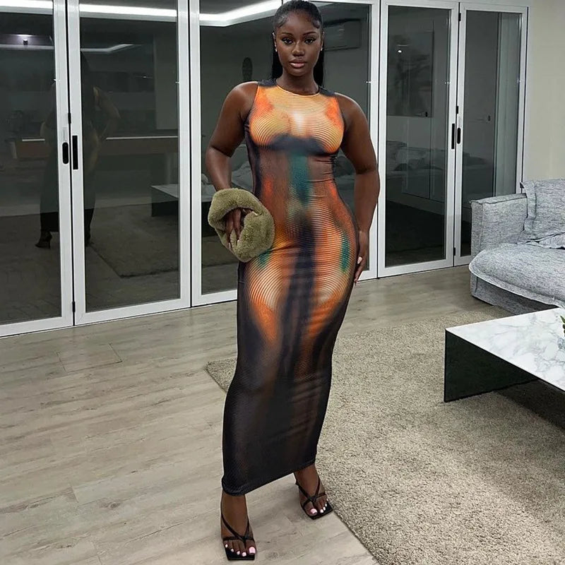 Summer 2024 Y2K Print Sexy Evening Party Club Birthday Maxi Dress for Women Bodycon Sleeveless Long Dresses Outfits Streetwear