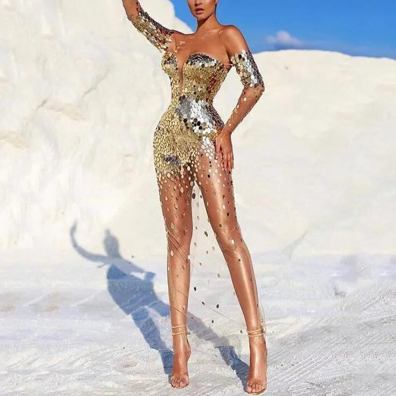Sequin Off Shoulder Silver Dress Elegant Sexy Mesh See Through Bodycon Dress Women Luxury Summer Clothes Long Evening Club Dress