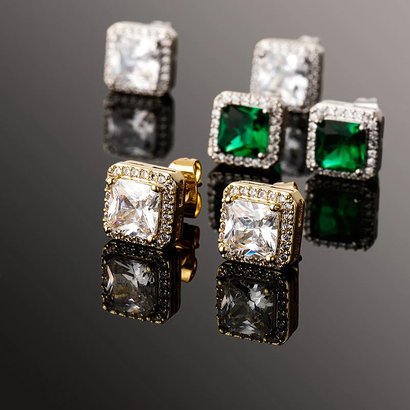 1 Pair Hip Hop 3A+ CZ Stone Pave Bling Ice Out Geometric Square Stud Earrings for Men Rapper Jewelry Gold Silver Color