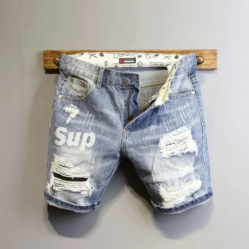 Summer 2025 Light Blue Ripped Cat Whisker Patch Letter Print Slim Denim Shorts Teenagers Jeans Boys and Girls Cowboy Short Pants