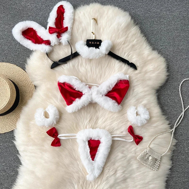 Women Sexy Christmas Velour Bra Brief Suits Fashion Intimate Lingerie 5 Piece Erotic Bras Thongs Outfits Underwear Sets 2025