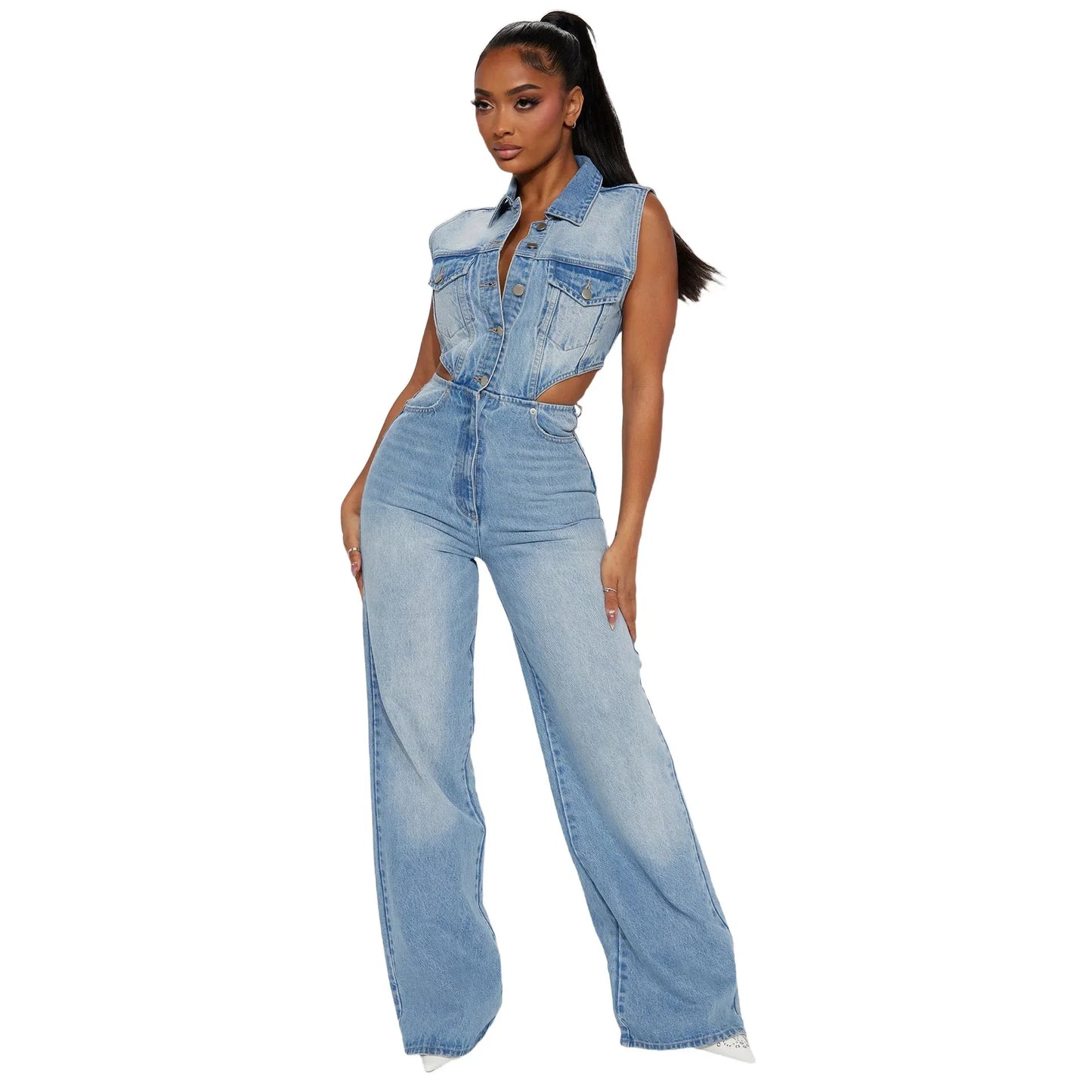 FAGADOER Y2k Retro Denim One Pieces Jumpsuit Women High Quality Stretchy Wide Leg Jean Rompers Side Hollow Streetwear Overalls