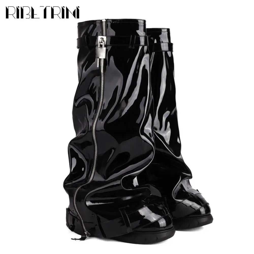 Platform Women Fold Over Mid Calf Padlock Metal Platform Shoes