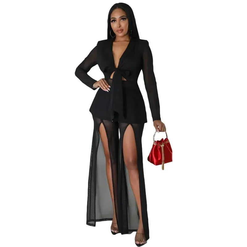 Women Fashion Sexy 2 Piece Set Long Sleeve Lace Up Ribbon Zipper Slim Blazer Tops + Split Wide Leg Pants See Through Mesh Suit