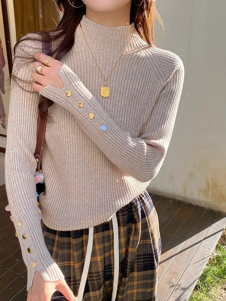 Autumn Winter Sweater Women Pullovers Long Sleeve Tops Clothes Slim Knit Soft Jumper Streetwear Button Turtleneck Sweater
