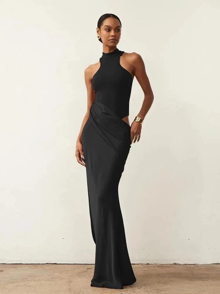 Satin Sexy Hollow Out Women Maxi Dress