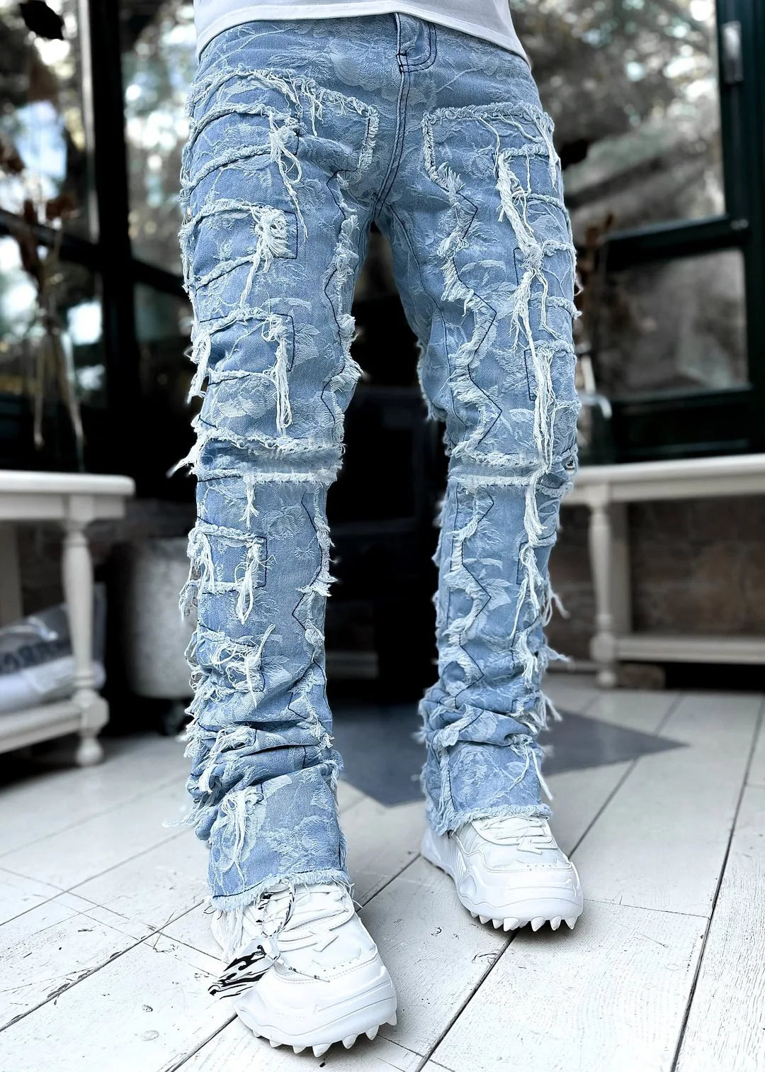 New Fashion Stretch Jeans Man Stacked Jeans Elastic Waist Straight Fit Patchworks Denim Long Pants Fringe Ripped Jeans For Men