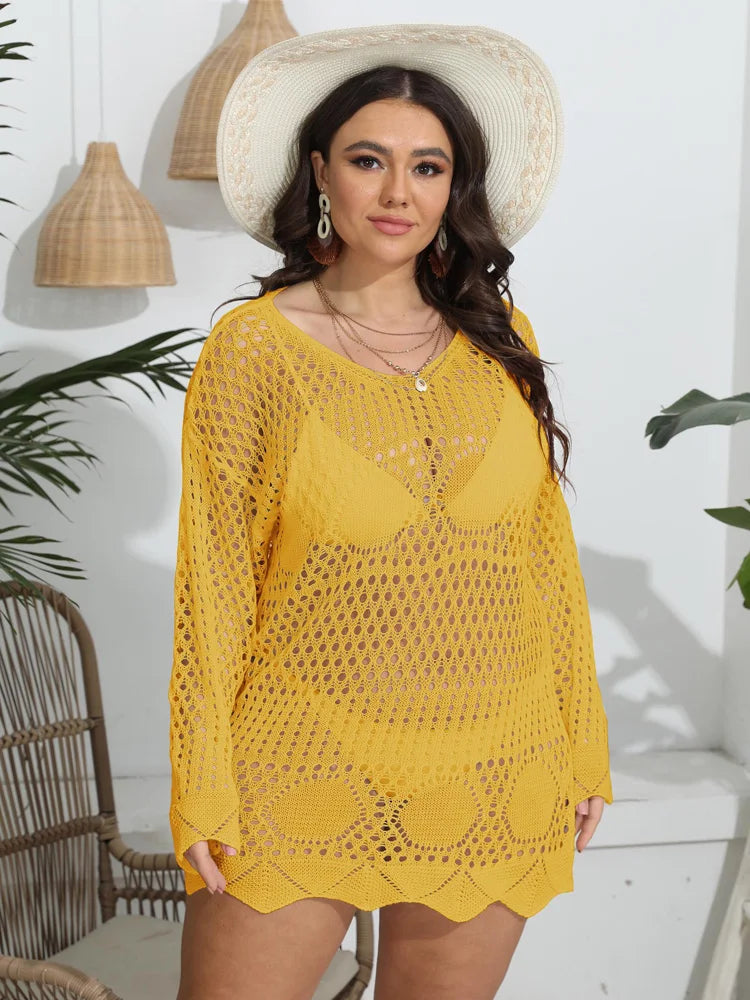 GIBSIE Plus Size 2023 Bikini Cover Up For Women Summer Sexy See Through Hollow Out Long Sleeve Holiday Knitted Beach Tunic Dress